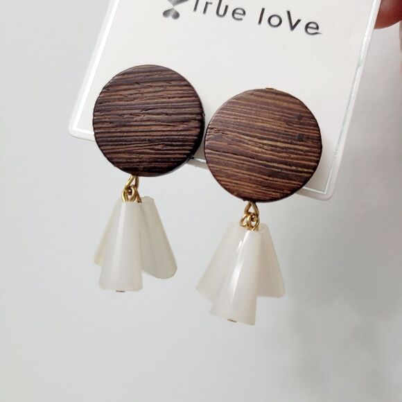 Brand New True Love Wooden With White Beads Earrings - Picture 2 of 9